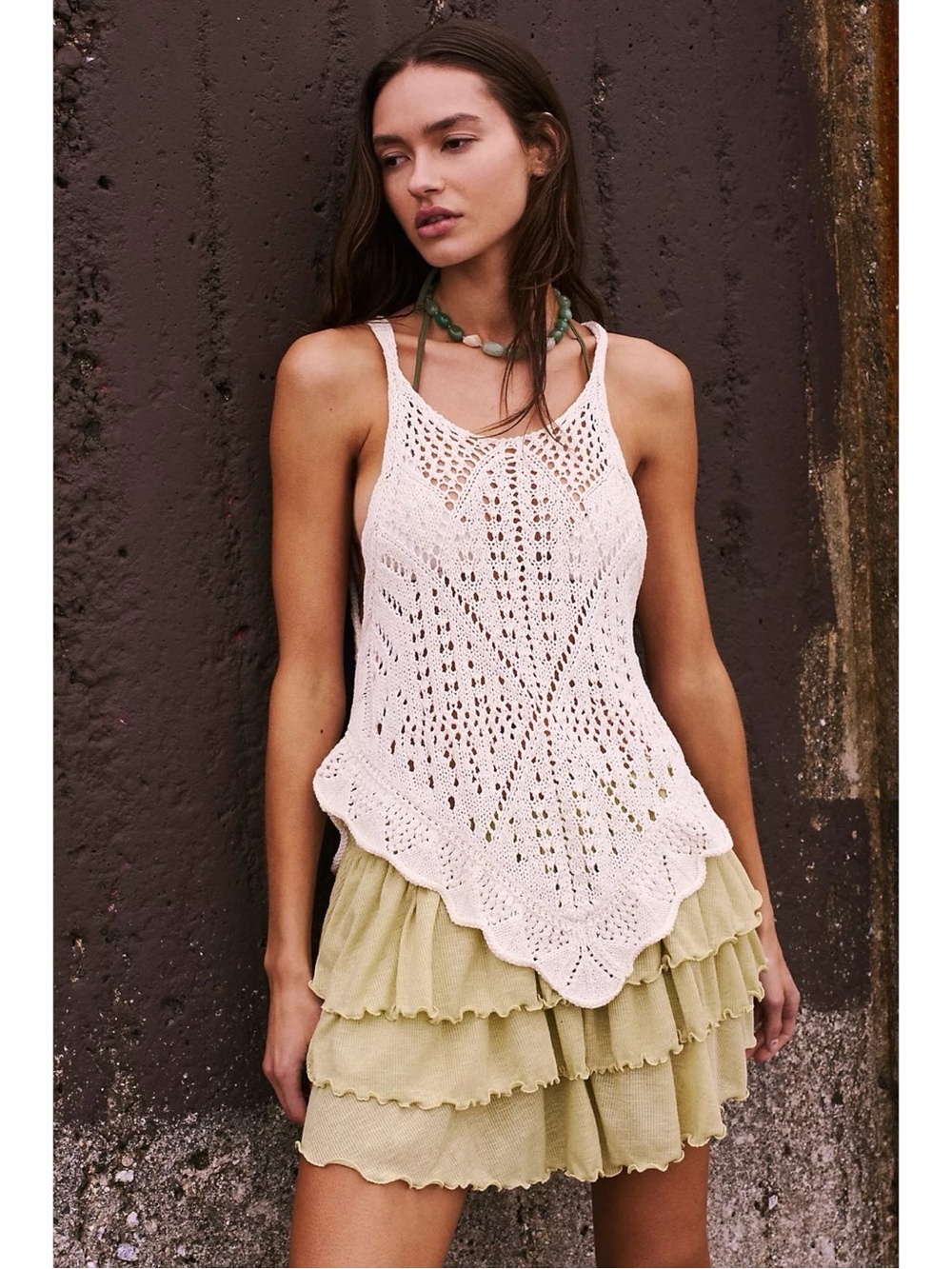 Free People Retro 70s Beachy Crochet Sea Song Sweater Tank Tunic Large Neutral
